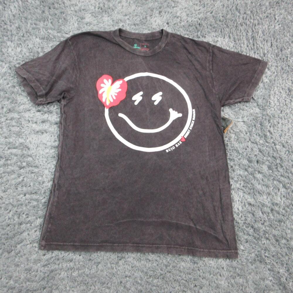 Always Wear Aloha Shirt Mens L Black Hawaiian Smiley Graphic Cotton Jersey NWT